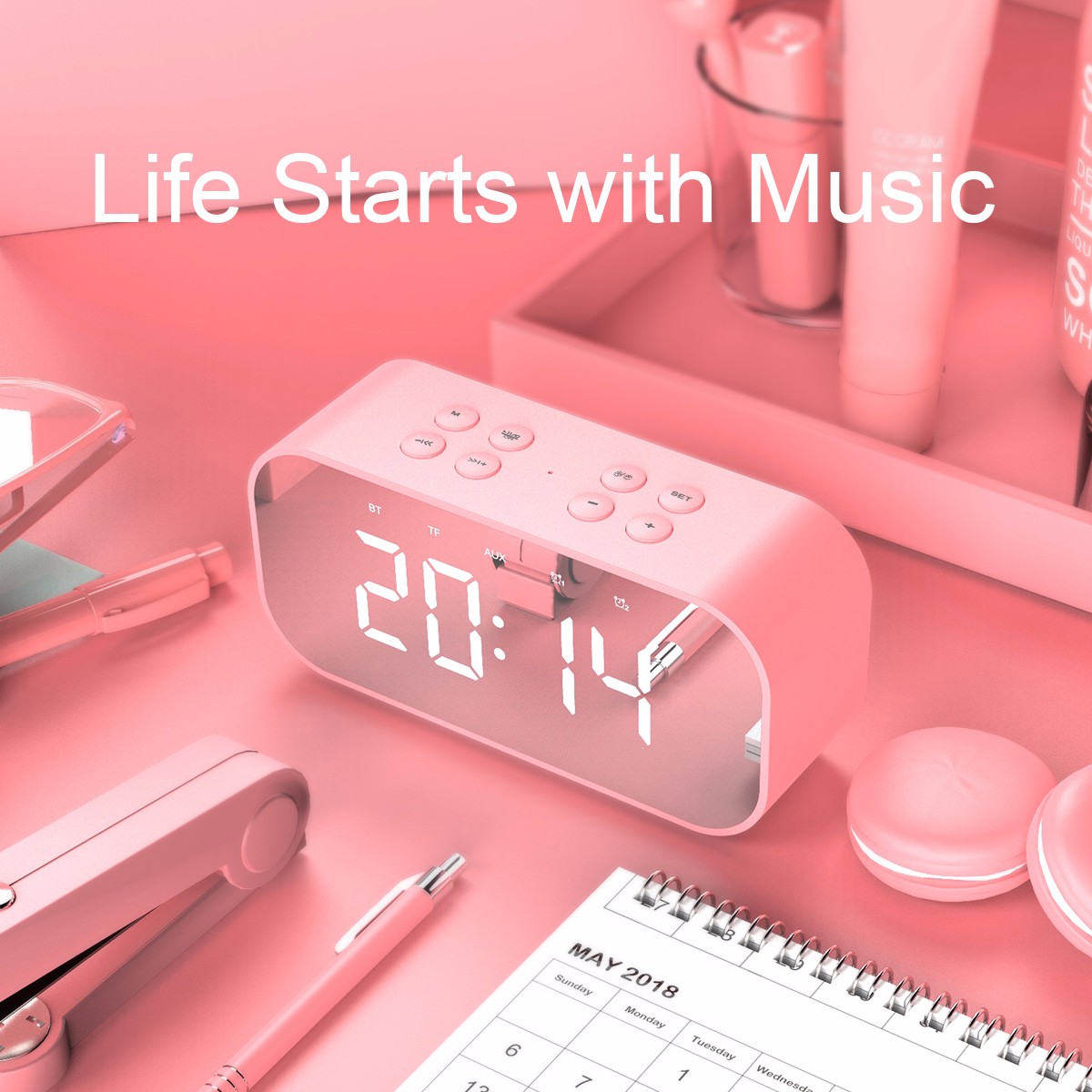 Buletooth speaker with alarm clock- Pink Rose