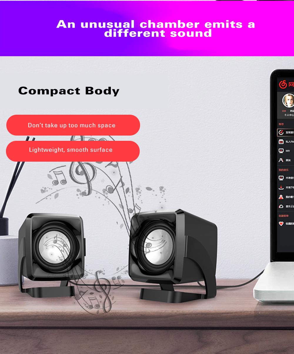 C1 Desktop Stereo HiFi USB Speaker 2PCS- Black