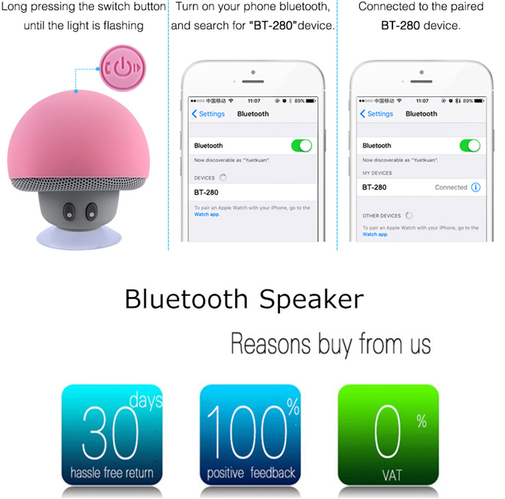 Mini Bluetooth Speaker Wireless Waterproof Loudspeaker Bluetooth Mushroom Portable Speakers Heavy Bass Stereo Music With- Pink