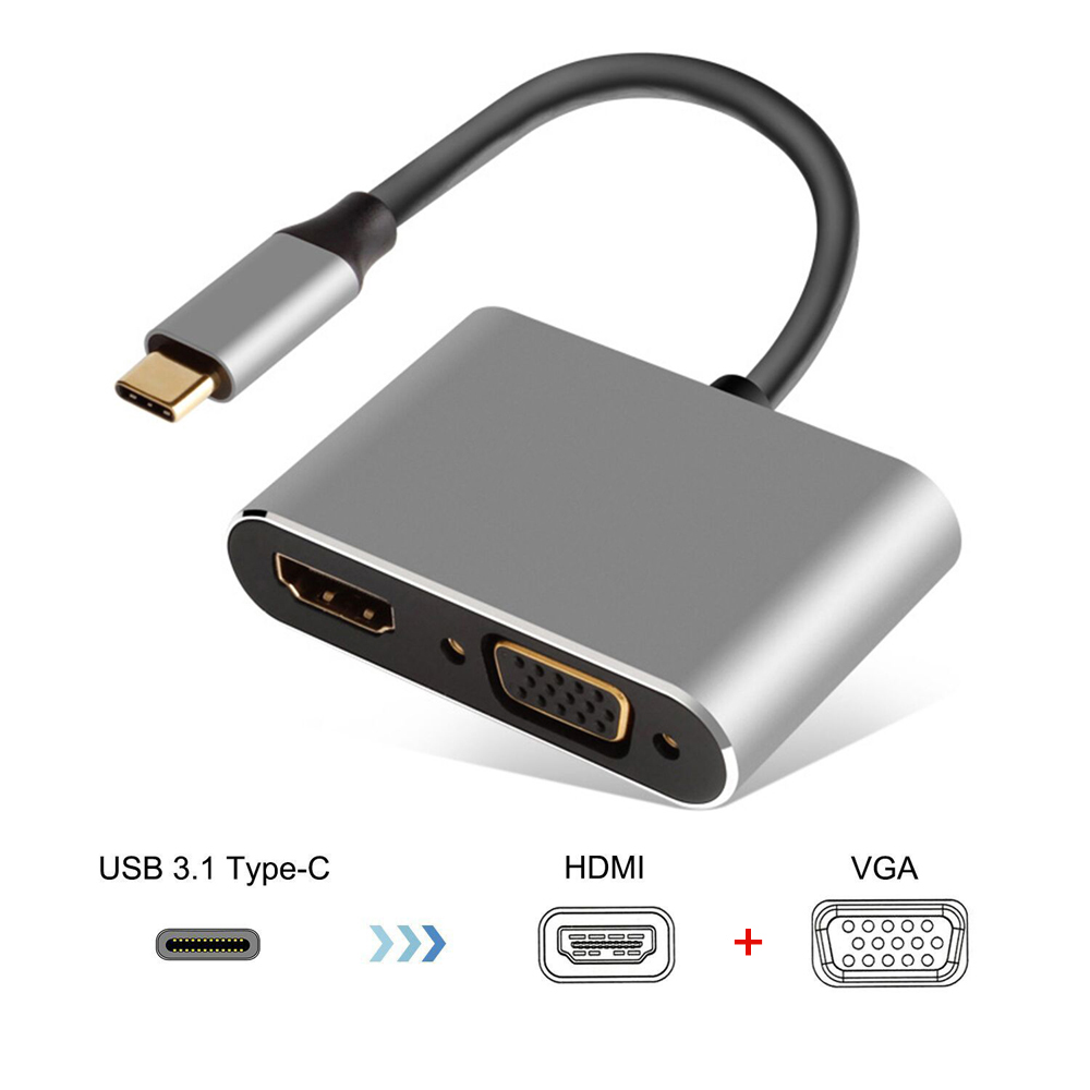 USB 3.1 Type-C to 4K HDMI + VGA Converter Adapter Support Dual-Screen Display- Gray