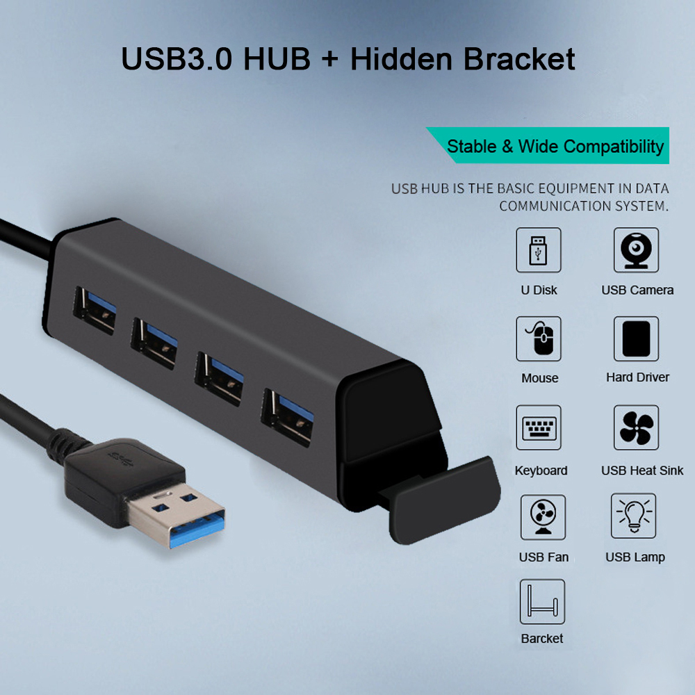 Aluminum Alloy 4 Ports USB3.0 HUB High Speed Data Transfer with Bracket- Black