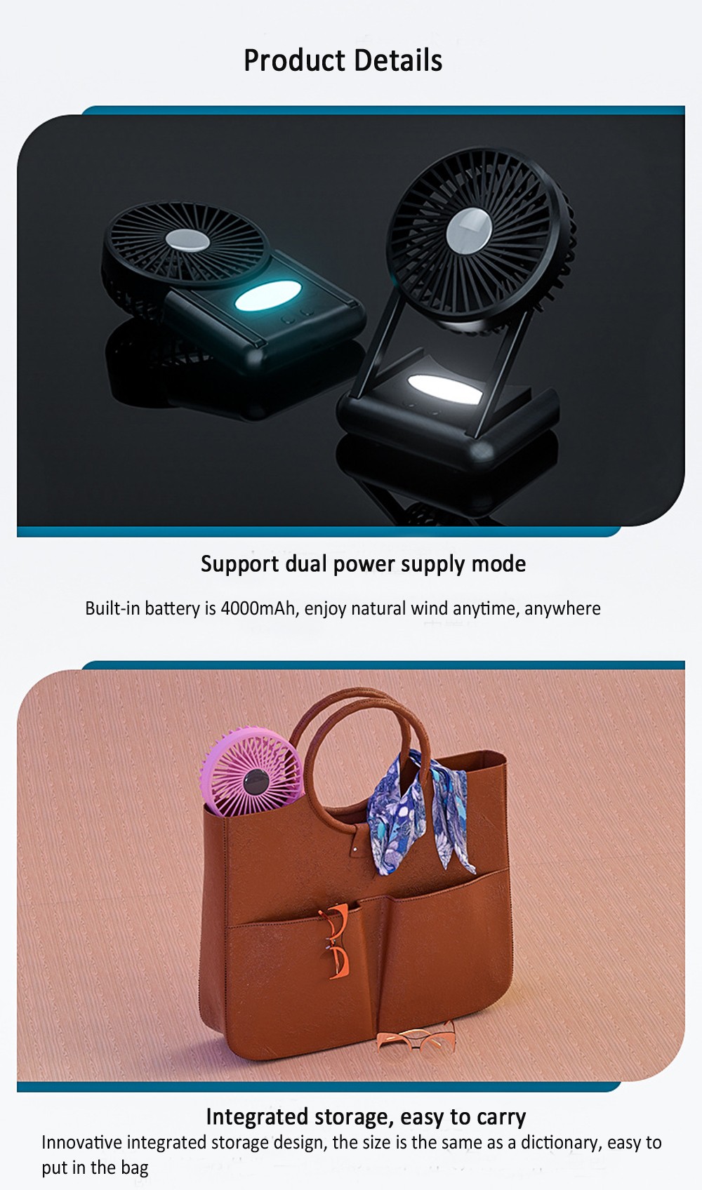 F5 Pocket Fan Large Capacity USB Charging Portable Mute Desktop Fan - Black