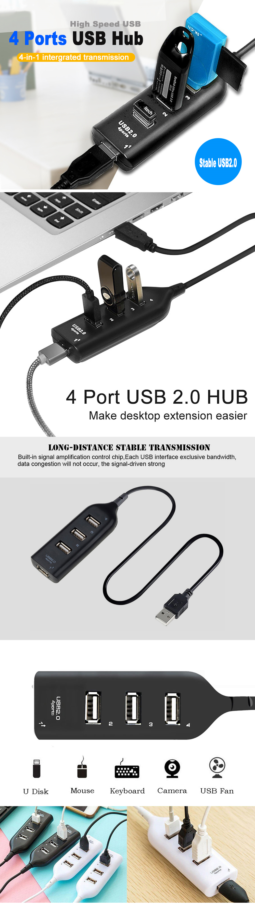 USB Hub 4 Port USB 2.0 with Cable High Speed Hub Socket Adapter for Laptop PC - Black