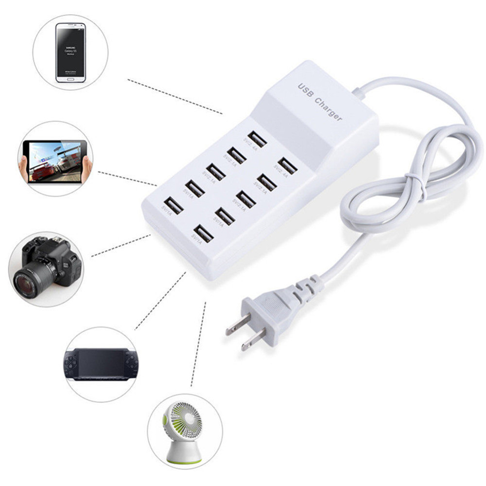 10 Port USB Travel Wall AC USB Charger AC100-240V Charge Power Strip Adapter- White