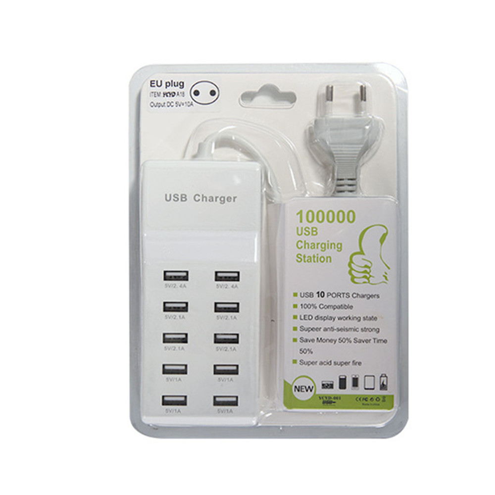 10 Port USB Travel Wall AC USB Charger AC100-240V Charge Power Strip Adapter- White
